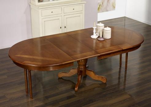 Mesa de comedor ovalada Annie 160x120, con pata central al estilo Louis Philippe ,fabricada en madera de cerezo con incrustaciones