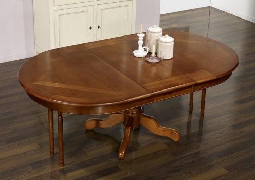 Mesa de comedor ovalada Annie 160x120, con pata central al estilo Louis Philippe ,fabricada en madera de cerezo con incrustaciones