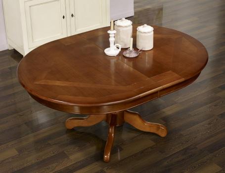 Mesa de comedor ovalada Annie 160x120, con pata central al estilo Louis Philippe ,fabricada en madera de cerezo con incrustaciones