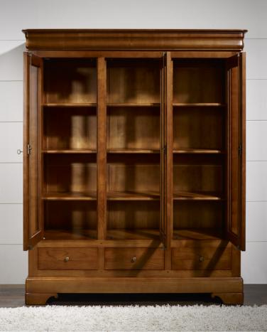 Biblioteca Tomas de 3 puertas y 3 cajones fabricada en madera de cerezo macizo al estilo Louis Philippe
