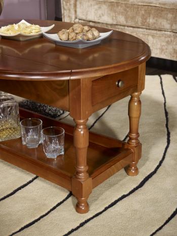 Mesa de centro Zoe ovalada con solapas fabricada en madera maciza de cerezo estilo Louis Philippe
