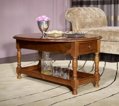 Mesa de centro Zoe ovalada con solapas fabricada en madera maciza de cerezo estilo Louis Philippe