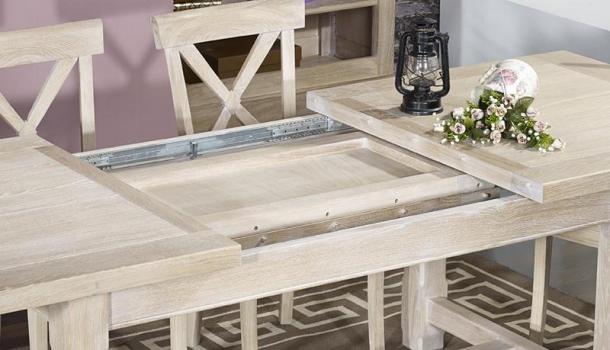 Mesa de comedor rectangular Lucas fabricada en madera maciza de roble 180x100 + 2 extensiones de 45cm estilo rústica