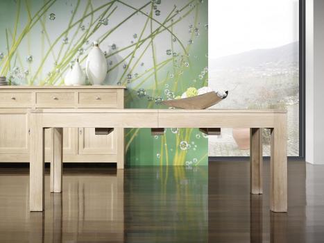 Mesa de comedor rectangular de línea Contemporánea fabricada en madera de roble macizo con 210x100 + 5 extensiones Largo total de 5 metros
