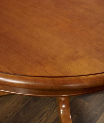 Mesa de comedor redonda con pata central Aline fabricada en madera de Cerezo macizo al estilo Louis Philippe de diámetro 120cm + 5 extensiones de 40cm