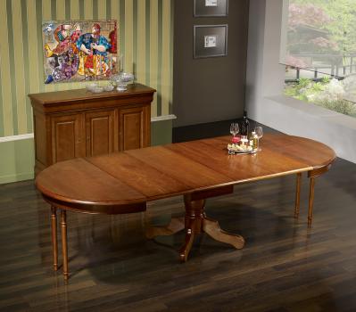 Mesa de comedor redonda con pata central Sophia fabricada en madera de Cerezo macizo al estilo Louis Philippe de diámetro 120 cm+ 4 extensiones de 40cm
