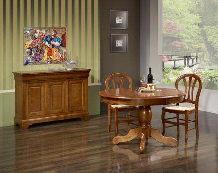 Mesa de comedor redonda con pata central Sophia fabricada en madera de Cerezo macizo al estilo Louis Philippe de diámetro 120 cm+ 4 extensiones de 40cm