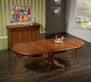 Mesa de comedor redonda con pata central Barbara fabricada en madera de Cerezo macizo al estilo Louis Philippe de diámetro 120cm + 3 extensiones de 40cm