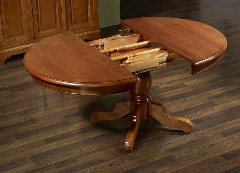 Mesa de comedor redonda con pata central Barbara fabricada en madera de Cerezo macizo al estilo Louis Philippe de diámetro 120cm + 3 extensiones de 40cm