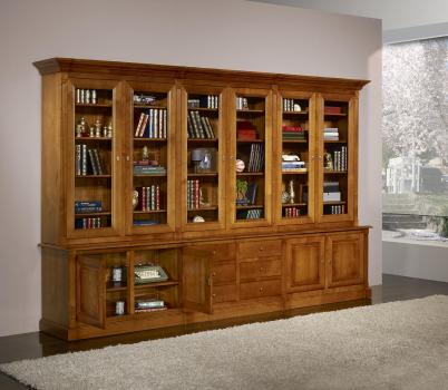 Biblioteca Sabine de 2 cuerpos y 6 puertas fabricada en madera de cerezo macizo estilo Directoire
