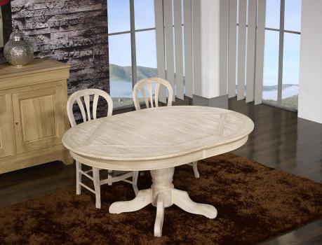 Mesa  de comedor ovalada con pata central de Roma 160x120 fabricada en madera de roble macizo estilo Louis Philippe acabado en Roble Cepillado Blanco