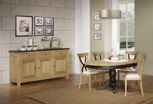 Mesa de comedor redonda Anna con pata central fabricada en madera de roble macizo al estilo Louis Philippe Acabado Cepillado Natural