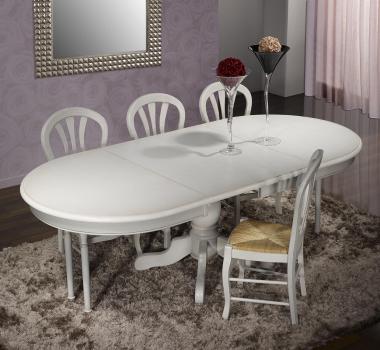 Mesa de comedor ovalada con pata central de Roma 150x110 fabricada en madera de roble macizo al estilo Louis Philippe acabado en roble cepillado gris perla