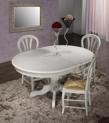 Mesa de comedor ovalada con pata central de Roma 150x110 fabricada en madera de roble macizo al estilo Louis Philippe acabado en roble cepillado gris perla