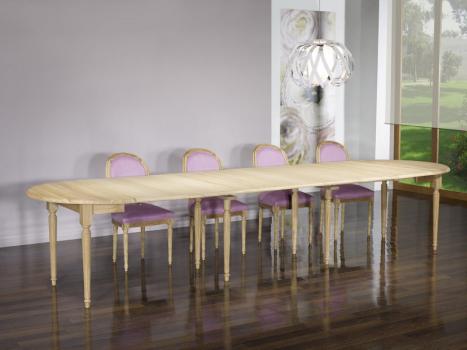 Mesa de comedor redonda Clemente diàmetro 120 fabricada en madera de roble macizo al estilo Luis XVI con 7 extensiones de 40cm