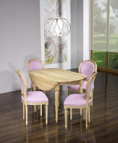 Mesa de comedor redonda Clemente diàmetro 120 fabricada en madera de roble macizo al estilo Luis XVI con 7 extensiones de 40cm