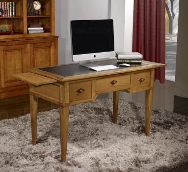 Escritorio Herminio con 3 cajones fabricado en madera de roble macizo estilo Directorio superficie de escritura en piel color negro