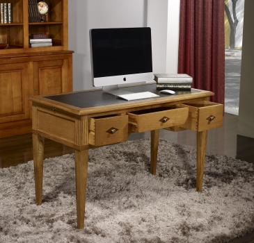 Escritorio Herminio con 3 cajones fabricado en madera de roble macizo estilo Directorio superficie de escritura en piel color negro