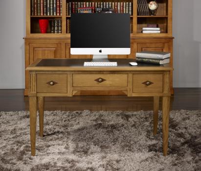 Escritorio Herminio con 3 cajones fabricado en madera de roble macizo estilo Directorio superficie de escritura en piel color negro