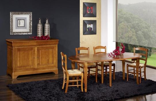 Mesa de comedor redonda extensible y con alas abatibles fabricada en madera de cerezo macizo al estilo Louis Philippe con 3 extensiones de 40cm
