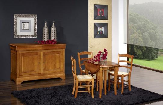 Mesa de comedor redonda extensible y con alas abatibles fabricada en madera de cerezo macizo al estilo Louis Philippe con 3 extensiones de 40cm