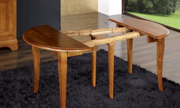 Mesa de comedor redonda extensible y con alas abatibles fabricada en madera de cerezo macizo al estilo Louis Philippe con 3 extensiones de 40cm