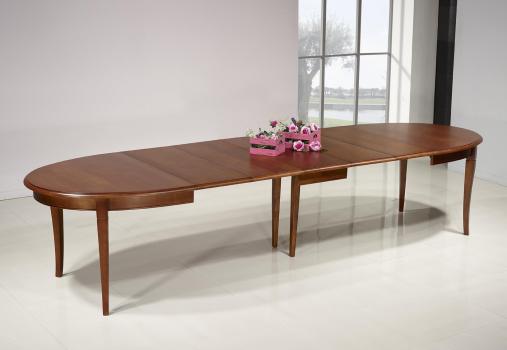 Mesa de comedor ovalada Pilar fabricada en madera de cerezo macizo al estilo Louis Philippe 170x110 + 5 extensiones de 40 cm