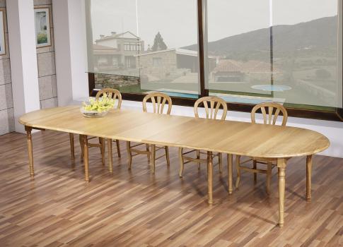 Mesa de comedor redonda fabricada en madera de roble macizo al estilo Louis Philippe + 7 extensiones de 40cm