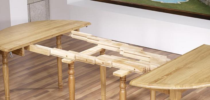 Mesa de comedor redonda fabricada en madera de roble macizo al estilo Louis Philippe + 7 extensiones de 40cm