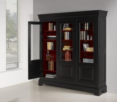 Biblioteca Flora de 3 puertas fabricada en madera de cerezo macizo en estilo Louis Philippe lacado  Negro y Rojo