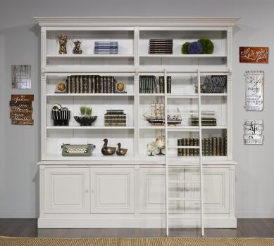 Biblioteca de 2 cuerpos y 4 puertas fabricada en madera cerezo macizo estilo Directorio con escalera acabado Gris Perle y Marfil