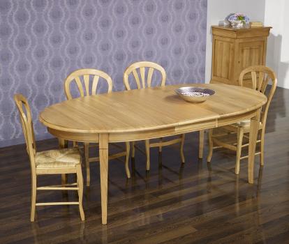 Mesa de comedor ovalada fabricada en madera de roble macizo al estilo Louis Philippe 160x120 + 2 extensión 40cm