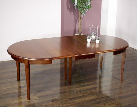 Mesa de comedor redonda Camila fabricada en madera de cerezo macizo al estilo Louis Philippe,diámetro 120 cm, 3 extensiones de 40 cm