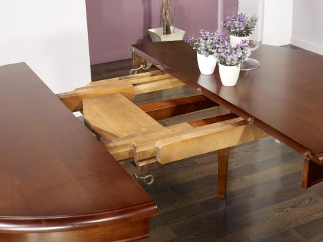Mesa de comedor redonda Camila fabricada en madera de cerezo macizo al estilo Louis Philippe,diámetro 120 cm, 3 extensiones de 40 cm