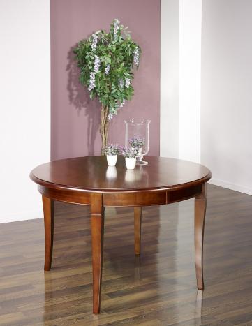 Mesa de comedor redonda Camila fabricada en madera de cerezo macizo al estilo Louis Philippe,diámetro 120 cm, 3 extensiones de 40 cm