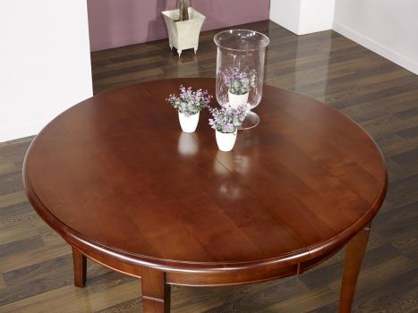 Mesa de comedor redonda Camila fabricada en madera de cerezo macizo al estilo Louis Philippe,diámetro 120 cm, 3 extensiones de 40 cm