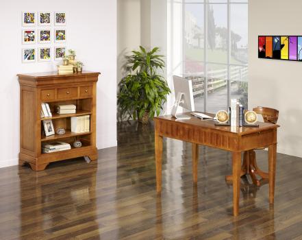 Mesa de trabajo con 2 cajones e incrustaciones de Rosa de los vientos fabricado en madera de cerezo macizo estilo Directorio