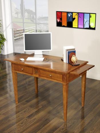 Mesa de trabajo con 2 cajones e incrustaciones de Rosa de los vientos fabricado en madera de cerezo macizo estilo Directorio