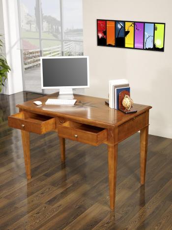 Mesa de trabajo con 2 cajones e incrustaciones de Rosa de los vientos fabricado en madera de cerezo macizo estilo Directorio