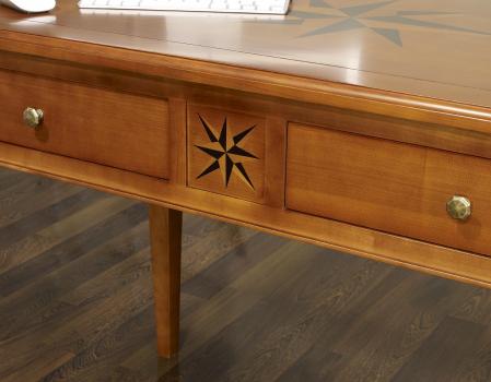 Mesa de trabajo con 2 cajones e incrustaciones de Rosa de los vientos fabricado en madera de cerezo macizo estilo Directorio