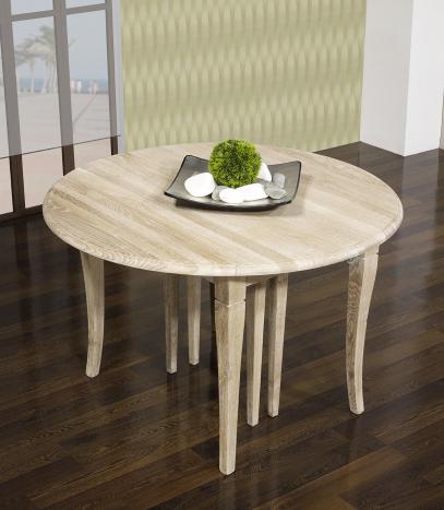 Mesa de comedor redonda Mario fabricada en madera de roble macizo al estilo Louis Philippe, diámetro 120 cm con 7 extensiones