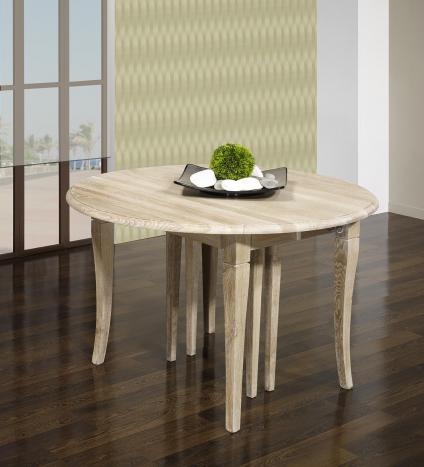 Mesa de comedor redonda Mario fabricada en madera de roble macizo al estilo Louis Philippe, diámetro 120 cm con 7 extensiones