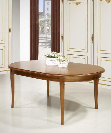Mesa de comedor ovalada Julie fabricada en madera de cerezo macizo al estilo Louis Philippe 180x120 + 5 extensiones de 40 cm