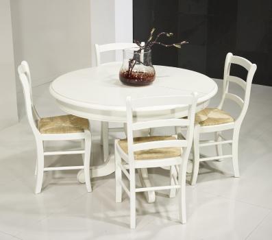 Mesa de comedor redonda pata central fabricada en madera de cerezo macizo al estilo Louis Philippe diámetro 120cm + 2 extensiones de 40cm acabado Marfil