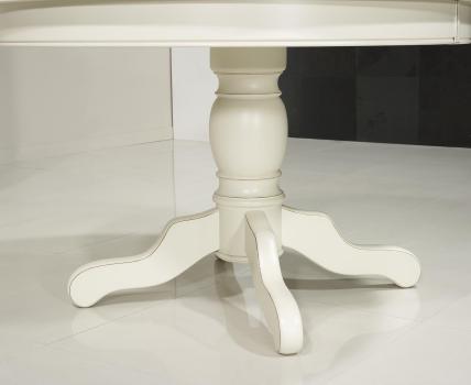 Mesa de comedor redonda pata central fabricada en madera de cerezo macizo al estilo Louis Philippe diámetro 120cm + 2 extensiones de 40cm acabado Marfil