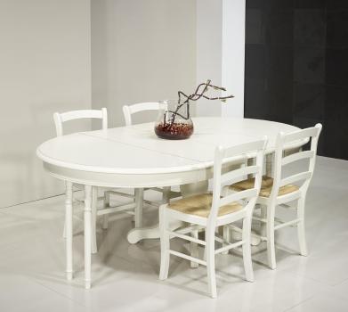 Mesa de comedor redonda pata central fabricada en madera de cerezo macizo al estilo Louis Philippe diámetro 120cm + 2 extensiones de 40cm acabado Marfil