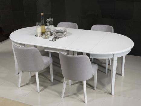 Mesa de comedor redonda fabricada en madera maciza de Roble al estilo Louis Philippe diámetro 110cm acabado cepillado Roble Marfil