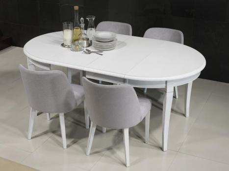 Mesa de comedor redonda fabricada en madera maciza de Roble al estilo Louis Philippe diámetro 110cm acabado cepillado Roble Marfil