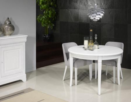 Mesa de comedor redonda fabricada en madera maciza de Roble al estilo Louis Philippe diámetro 110cm acabado cepillado Roble Marfil