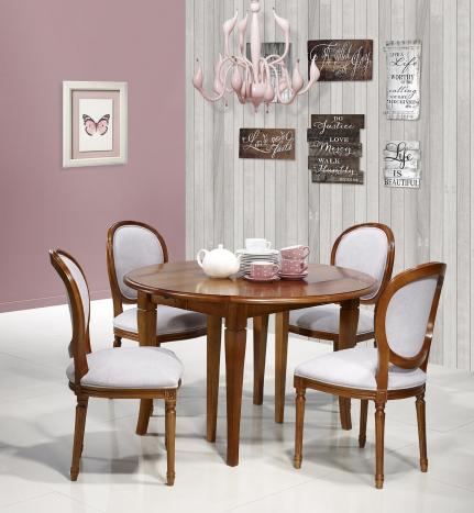 Mesa de comedor redonda Maureen, extensible y con alas abatibles,fabricada en madera de cerezo macizo,estilo Louis Philippe 
